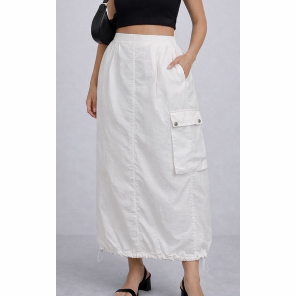 FM2050 Dresses & Skirts - FM2050 • White Cargo Style High-Waisted Maxi Skirt with Drawstring Hem, S